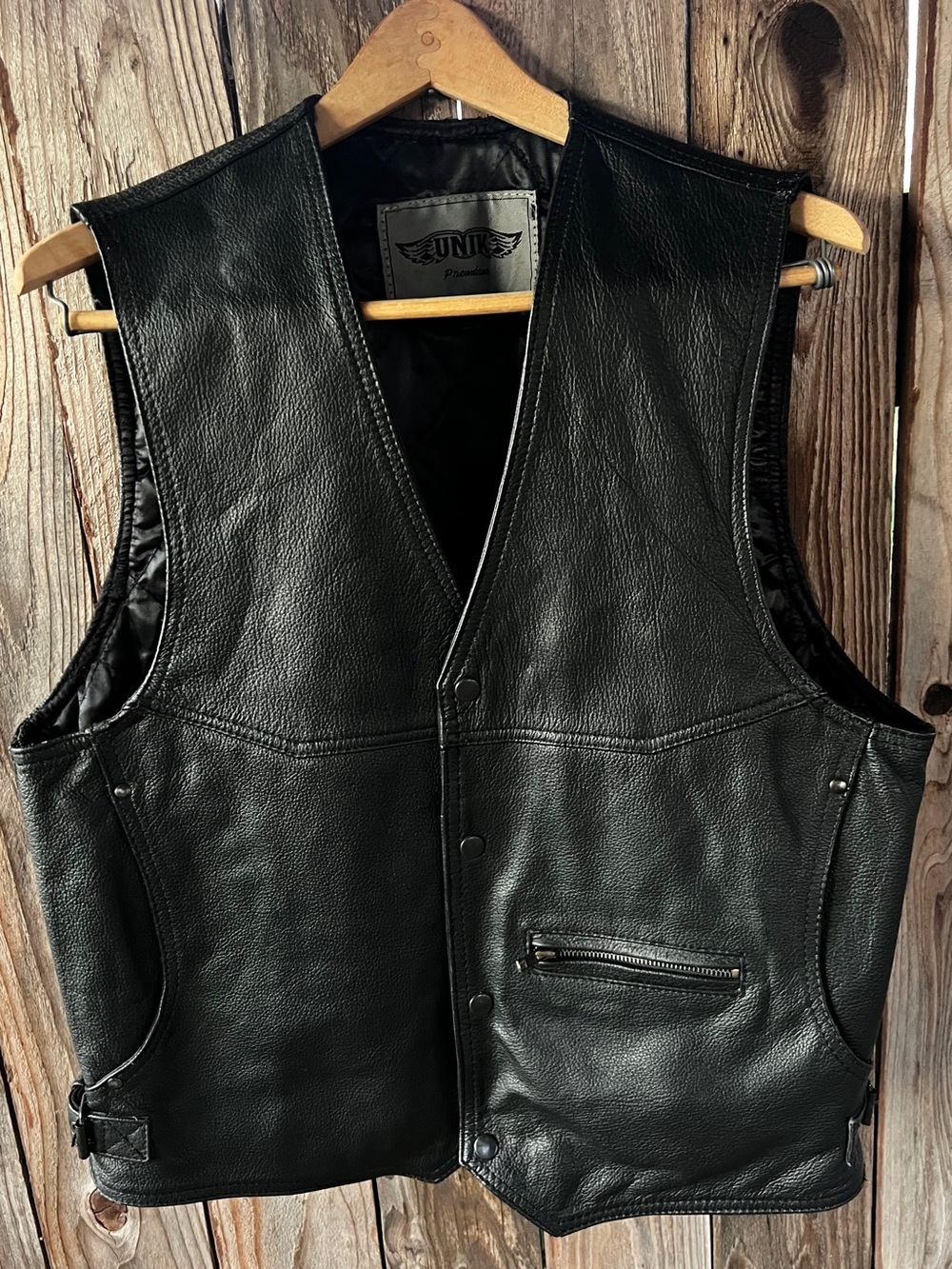 Unik Black Leather Moto Vest with Zip Pocket